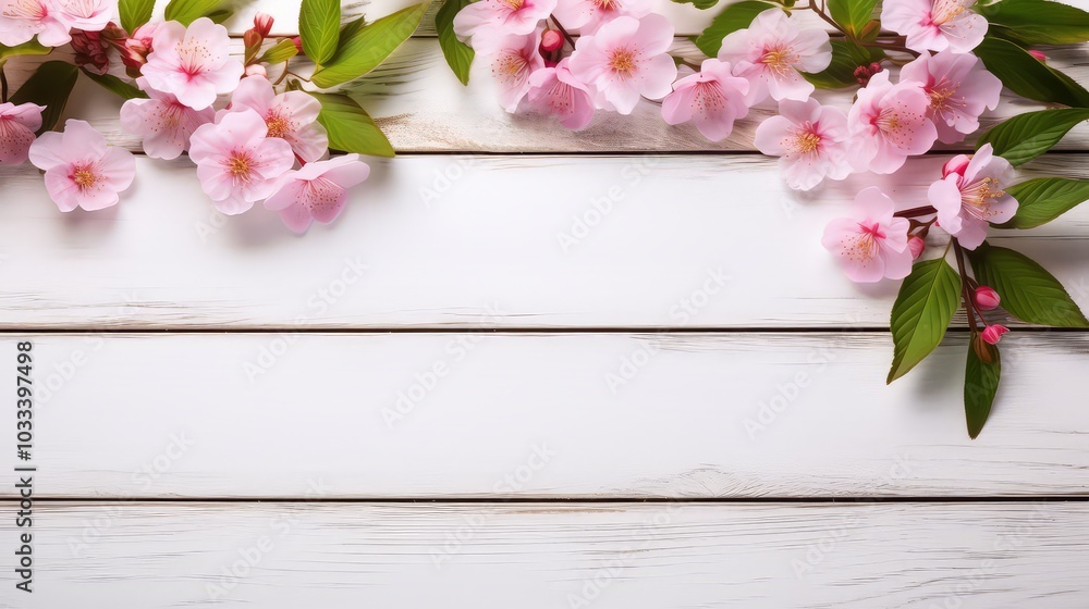 Spring cherry blossom background with wooden board Spring cherry blossom background with wooden board