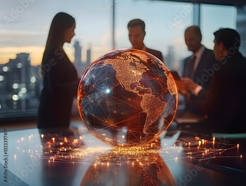28. Entrepreneurs finalizing an innovative global deal, holographic globe glowing with connections to major cities, modern and high-tech setting 