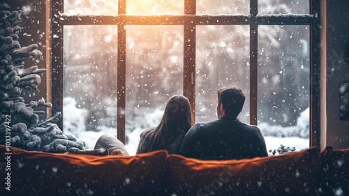 Romantic Couple Relaxing on Sofa, Gazing at Snow..