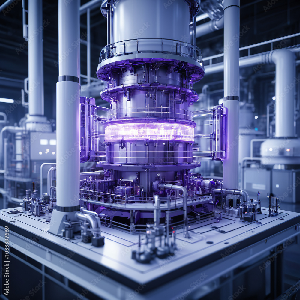 Nuclear Fusion Technology in a Modern Laboratory: Small Modular Reactor with Blue and Purple Lights in a White, Bright Room Nuclear Fusion Technology in a Modern Laboratory: Small Modular Reactor with Blue and Purple Lights in a White, Bright Room