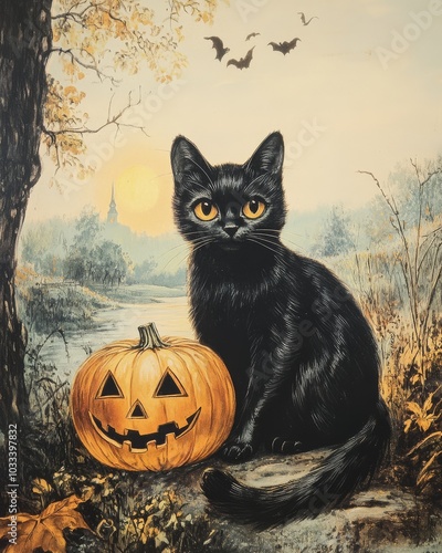 Classic vintage Halloween black cat with a pumpkin.