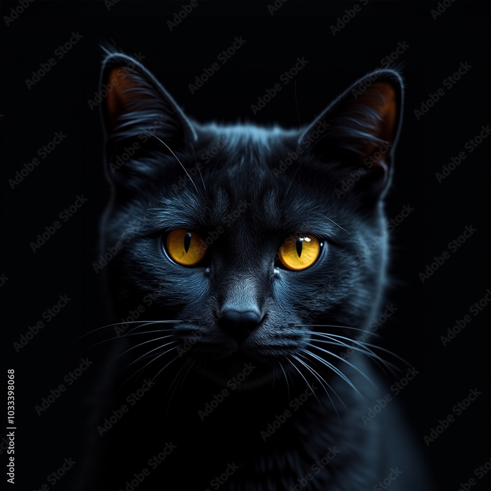 Obraz premium Majestic Black Cat with Striking Yellow Eyes in Dark Background