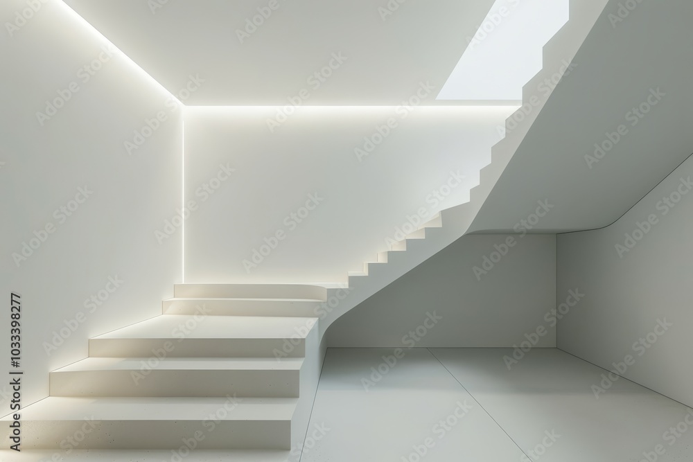 Minimalist white staircase in modern interior architecture with natural light. Minimalist white staircase in modern interior architecture with natural light.