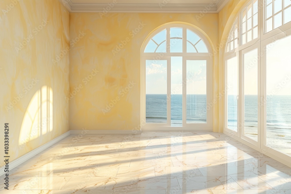 Bright sunlit room with ocean view through large arched windows. Bright sunlit room with ocean view through large arched windows.