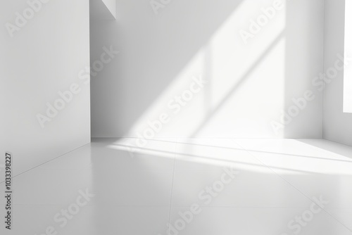 Minimalist sunlit room with bright white walls and geometric shadows.