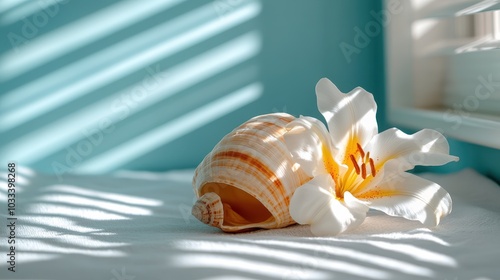 A seashell paired with a lily under soft dappled sunlight casts a serene look, highlighting elegance and simplicity, set against a tranquil blue backdrop. photo