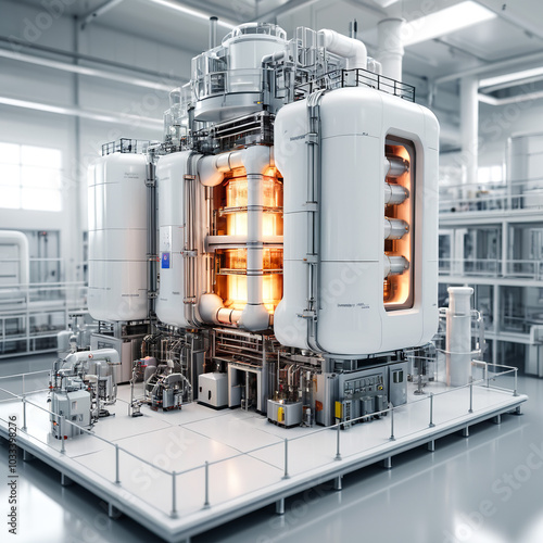 High-Tech Nuclear Fusion Reactor: Clean, Bright Sci-Fi Factory Featuring Small Modular Reaction Furnace for Futuristic Power Generation – Professional Tilt-Shift Photography, High-Resolution Masterpie photo