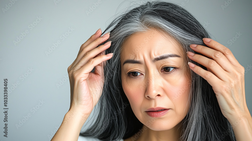 Fototapeta premium Chinese Woman Evaluating Her Hair for Grey Strands..