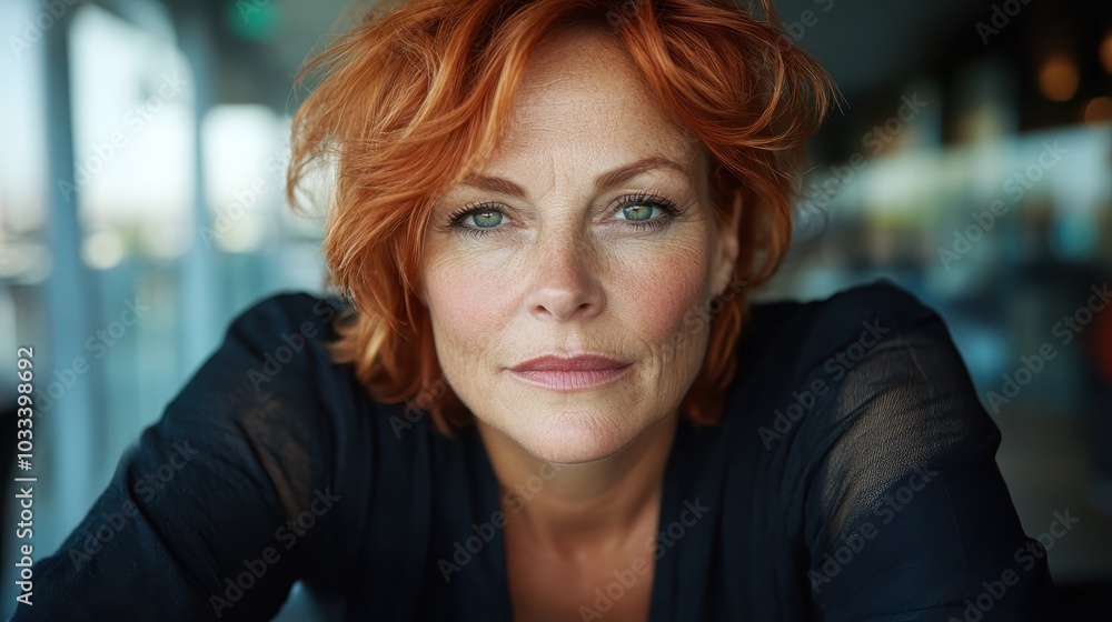 A close-up portrait of a confident woman with striking red hair and a gentle smile, exuding warmth and elegance. Captured in a natural setting. A close-up portrait of a confident woman with striking red hair and a gentle smile, exuding warmth and elegance. Captured in a natural setting.