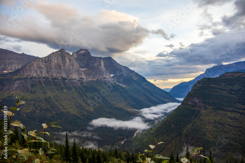 Mountain landscape at Glacier National Park at sunset