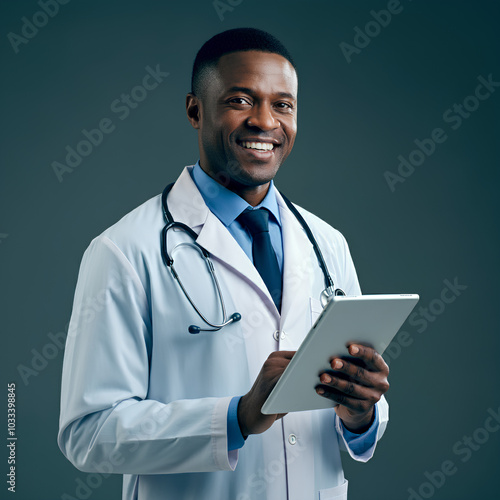 A smiling doctor in a white coat holding a tablet with a stethoscope around his neck.