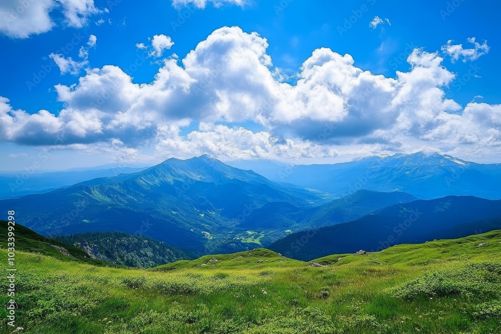 A panoramic view of a mountain range with lush green grass in the foreground and a blue sky with fluffy white clouds overhead. A panoramic view of a mountain range with lush green grass in the foreground and a blue sky with fluffy white clouds overhead.