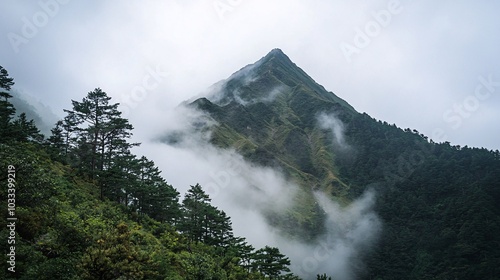 Dense fog covering a mountain peak, trail in the foreground photo