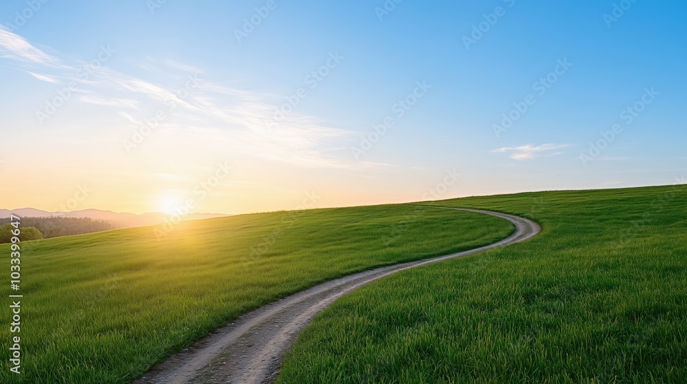 Fototapeta premium A winding path through a lush green field under a clear blue sky at sunset.
