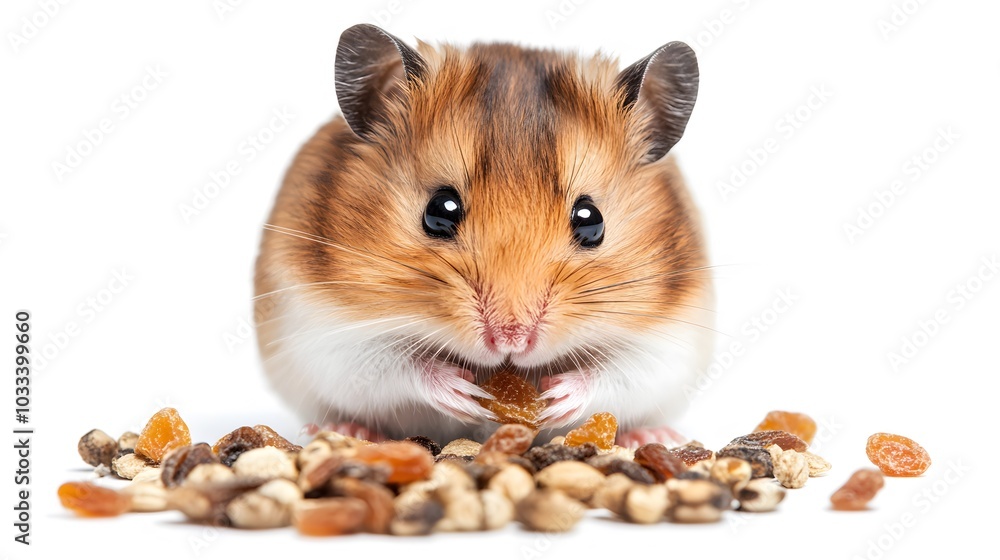 A handsome hamster isolated on a white background. Exotic pet. Mouse rodent pest. Eats dried fruits and seeds. A handsome hamster isolated on a white background. Exotic pet. Mouse rodent pest. Eats dried fruits and seeds.