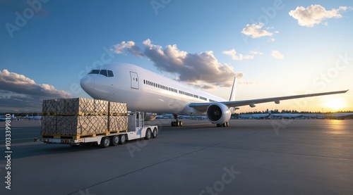 Cargo plane unloading shipment at the airport, blue sky, and clouds.