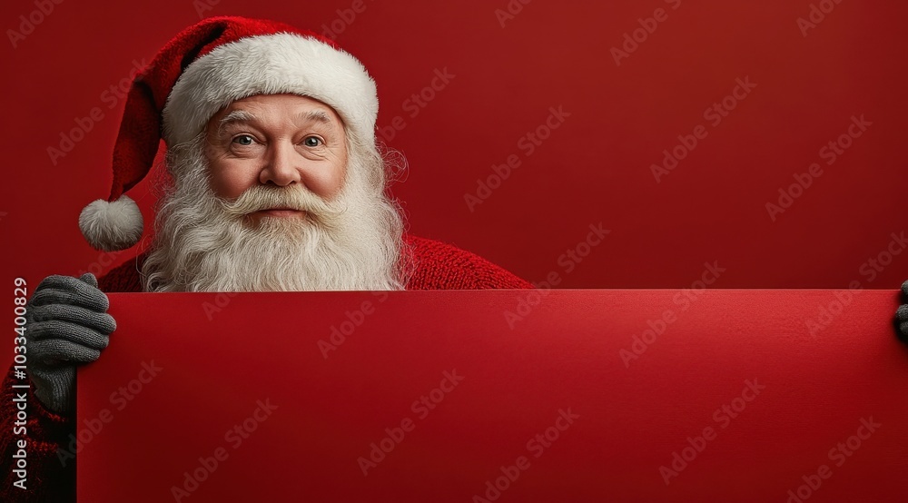Naklejka premium Santa Claus carrying a vibrant red banner against a matching festive backdrop, conveying holiday joy and cheer