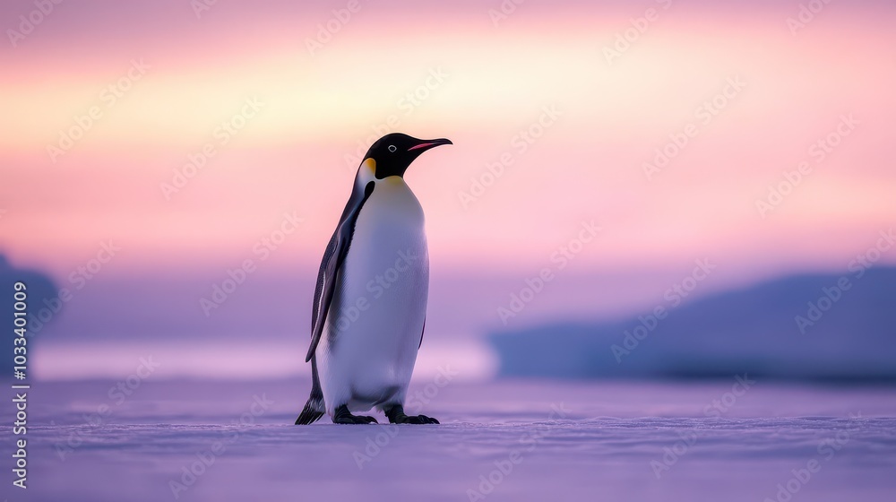 Fototapeta premium A majestic penguin stands against a stunning purple sunset, showcasing the beauty of nature in a serene polar landscape.