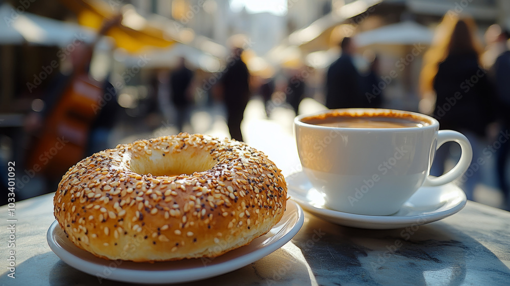 Bagel and coffee at an outdoor street cafe. Bagel and coffee at an outdoor street cafe.