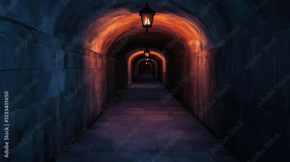 Fototapeta premium A dimly lit tunnel featuring stone walls, glowing lanterns, and a mysterious atmosphere, perfect for evocative storytelling.
