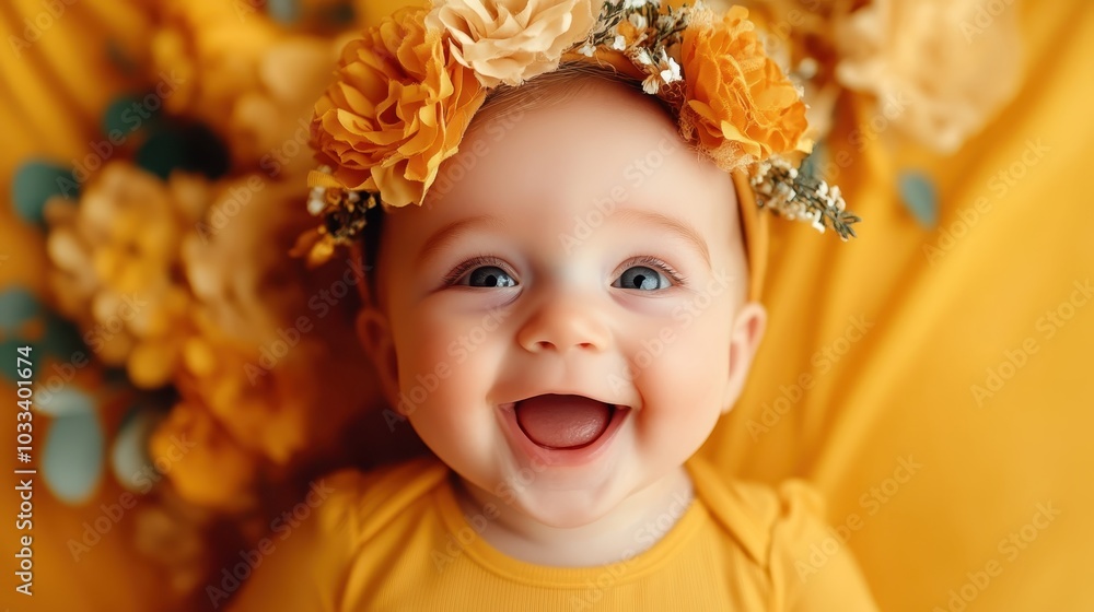 A joyful baby, dressed in vibrant yellow, smiles widely while surrounded by soft yellow flowers, creating a cheerful, heartwarming scene filled with positivity. A joyful baby, dressed in vibrant yellow, smiles widely while surrounded by soft yellow flowers, creating a cheerful, heartwarming scene filled with positivity.