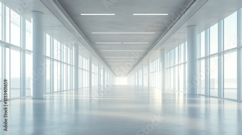 A wide-angle view of an empty modern office building with large windows and white walls