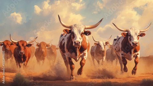 A dynamic scene featuring a herd of powerful cattle running across a dusty landscape under a dramatic sky.