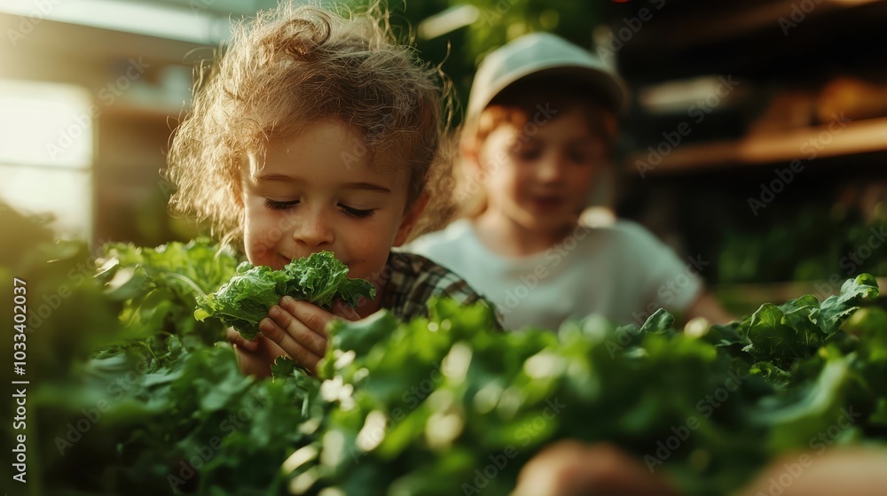 A sunlit garden scene of two children enjoying fresh greens, with one savoring a leaf, embodying the connection to nature and healthy living. A sunlit garden scene of two children enjoying fresh greens, with one savoring a leaf, embodying the connection to nature and healthy living.