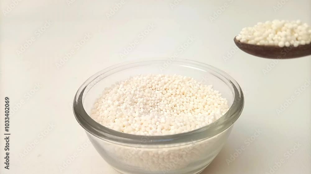 Spoon out of Sago pearls or tapioca pearls from the glass bowl with a wooden spoon, herbs and spices Spoon out of Sago pearls or tapioca pearls from the glass bowl with a wooden spoon, herbs and spices