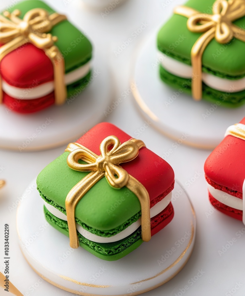 Festive macarons designed like colorful gift boxes, perfect for holiday celebrations.