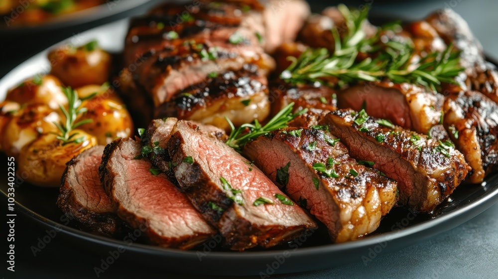 Grilled meat garnished with rosemary on a black plate, served with roasted potatoes, creating a rustic and hearty meal perfect for any gourmet enthusiast. Grilled meat garnished with rosemary on a black plate, served with roasted potatoes, creating a rustic and hearty meal perfect for any gourmet enthusiast.