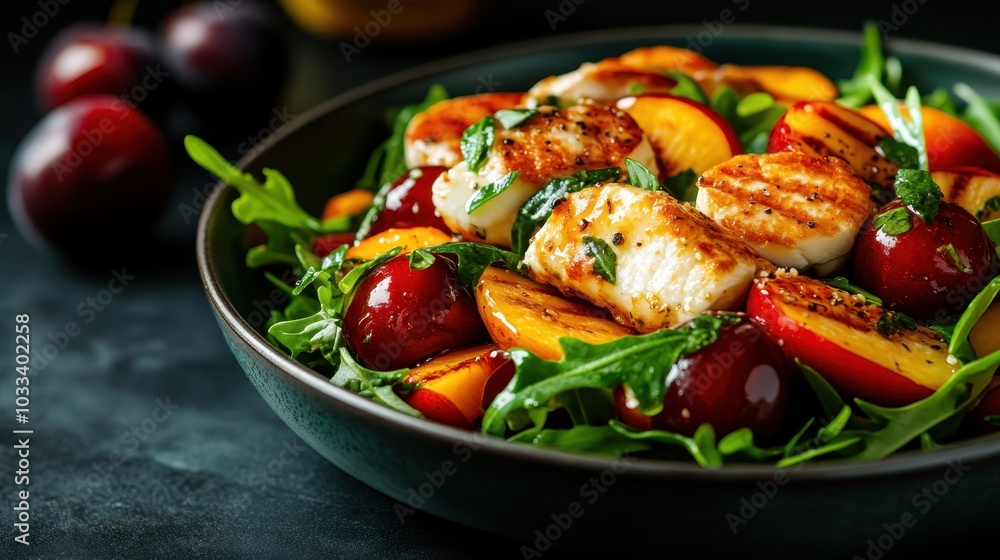 A vibrant salad featuring grilled peaches and cherries mixed with creamy mozzarella and peppery arugula, creating a refreshing and colorful summer dish. A vibrant salad featuring grilled peaches and cherries mixed with creamy mozzarella and peppery arugula, creating a refreshing and colorful summer dish.