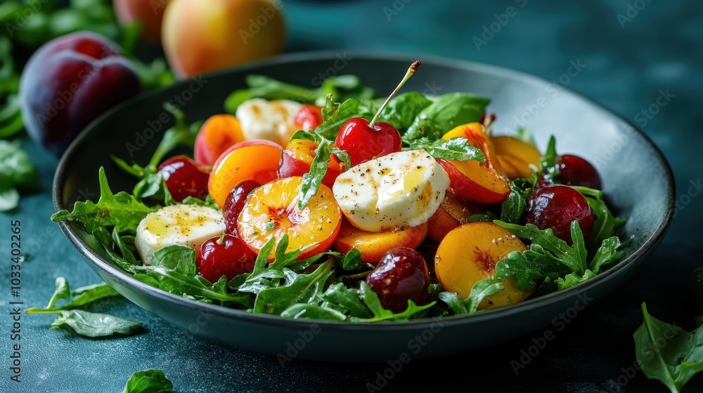 A fresh and colorful salad topped with seasonal fruits and arugula, beautifully arranged in a black bowl, providing a delightful mix of flavors and textures. A fresh and colorful salad topped with seasonal fruits and arugula, beautifully arranged in a black bowl, providing a delightful mix of flavors and textures.