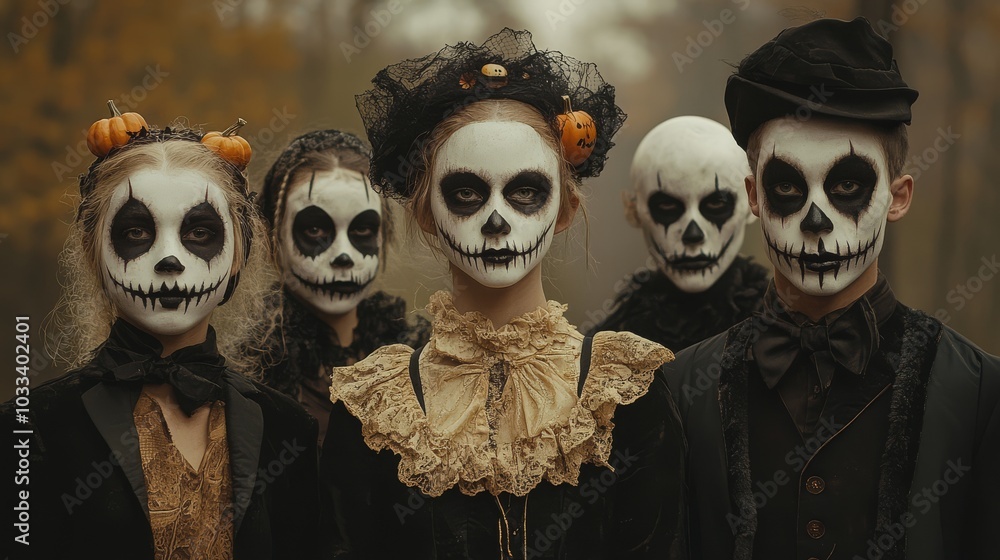 Group of people in creative Halloween costumes Group of people in creative Halloween costumes