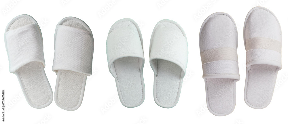 collection of pair of white slippers isolated on white background top view collection of pair of white slippers isolated on white background top view