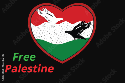 Birds spreading their wings and feathers flying on a black isolated background. Peace Love Palestine - Free Palestine on black background. Vector illustration with bird flying.