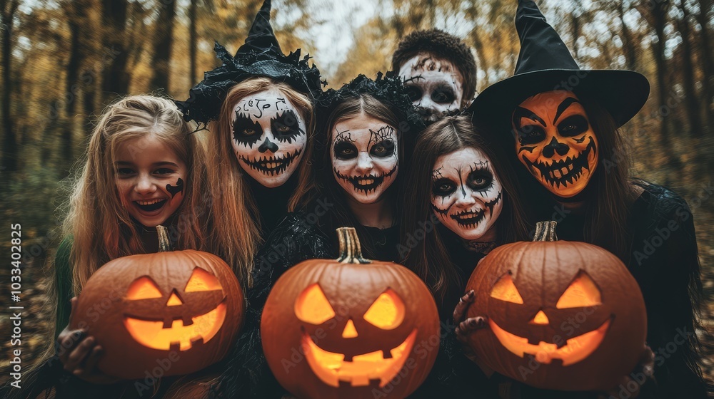 Group of people in creative Halloween costumes Group of people in creative Halloween costumes