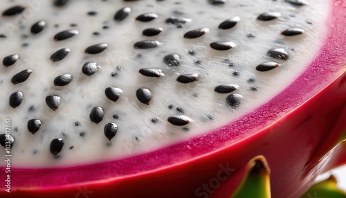 Macro Shot of Dragon Fruit (Pitaya) Slice Showcasing Vibrant Pink Peel, Creamy White Flesh, and Glossy Black Seeds. Perfect for Concepts of Exotic Nutrition, Superfoods, and Tropical Culinary Art