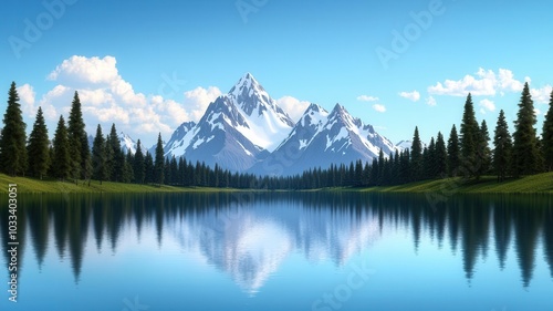 Majestic pine trees lining a mountain lake, with snowcapped peaks in the background and crystalclear water in the foreground