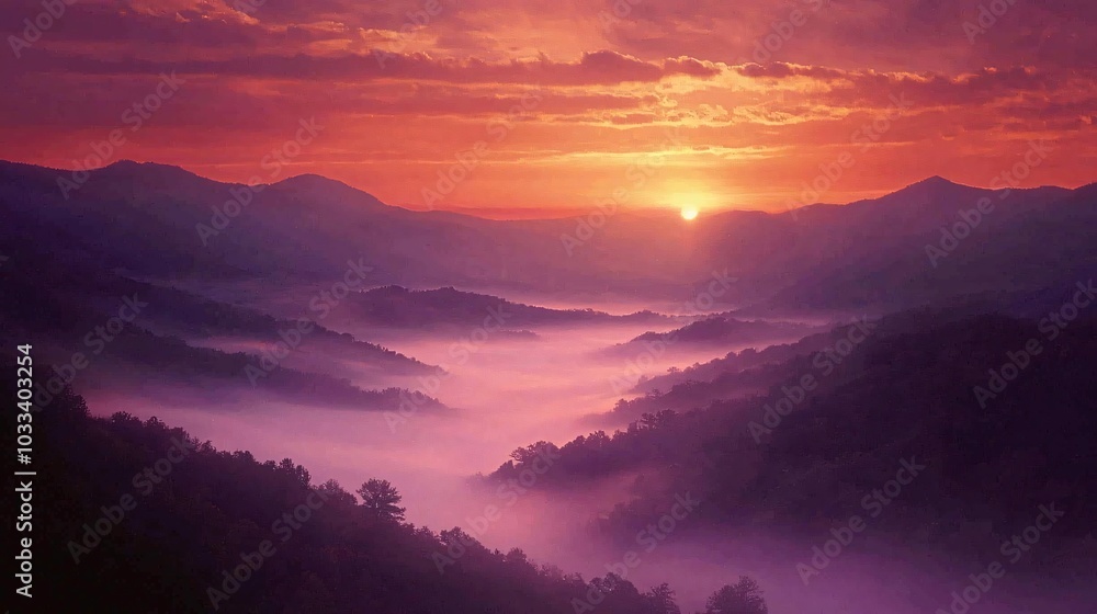 Naklejka premium Vibrant sunrise over misty Appalachian valleys and peaks