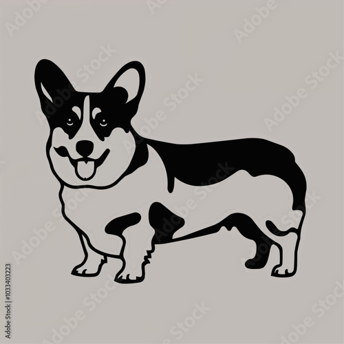 Black silhouette of a cheerful corgi dog standing on a light background

