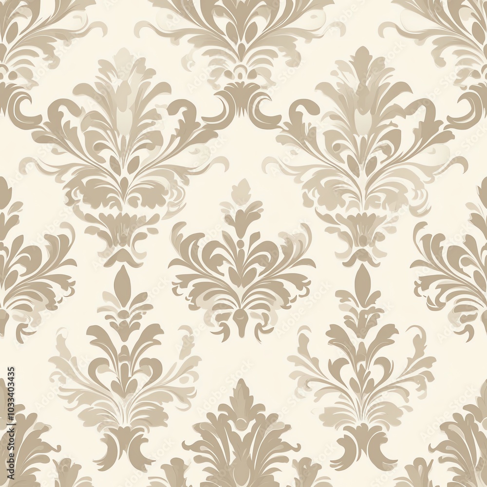 Classical Victorian damask design with ornate flourishes and elegant swirls, seamlessly repeating on a soft cream background for a timeless wallpaper look Classical Victorian damask design with ornate flourishes and elegant swirls, seamlessly repeating on a soft cream background for a timeless wallpaper look
