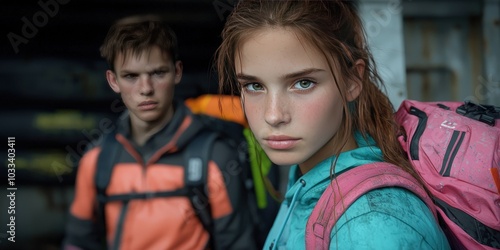 Young Woman Student With Backpack in Urban Scene Cinematic Portrait