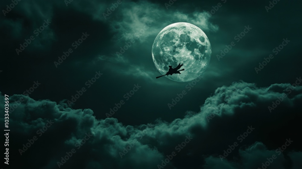 A witch flies on a broomstick in front of a full moon in a dark cloudy sky.