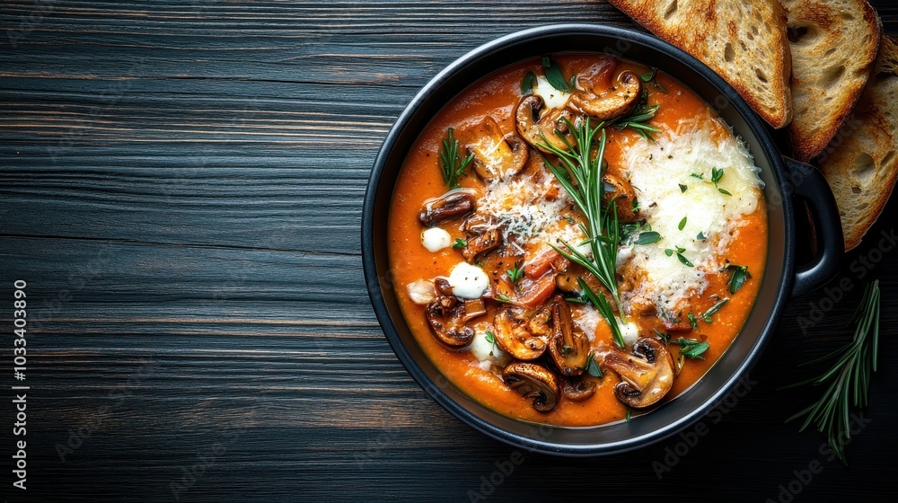 Delicious creamy soup garnished with sautéed mushrooms and fresh herbs served in a black bowl alongside crispy slices of toasted bread on a wooden table. Delicious creamy soup garnished with sautéed mushrooms and fresh herbs served in a black bowl alongside crispy slices of toasted bread on a wooden table.