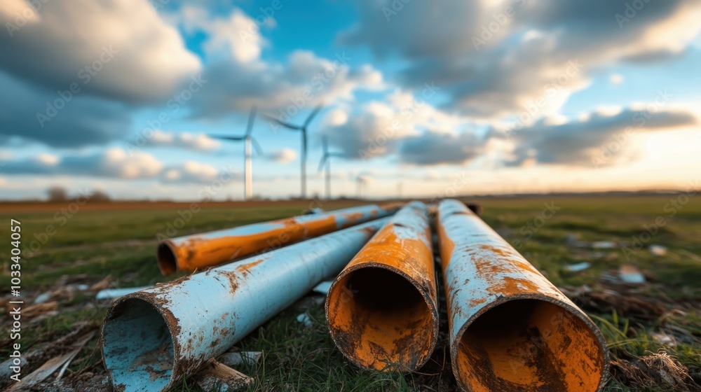 Several rusty pipes are scattered across a grassy field under a sky filled with fluffy clouds, with a series of wind turbines providing a stark industrial contrast. Several rusty pipes are scattered across a grassy field under a sky filled with fluffy clouds, with a series of wind turbines providing a stark industrial contrast.