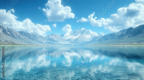 Serene mountain landscape with calm lake and reflective sky.