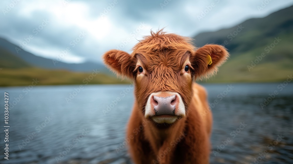 A cute, furry calf faces the camera, standing near a calm, blue lake with hills in the background, fluffy clouds filling the overcast sky, nature's tranquility captured. A cute, furry calf faces the camera, standing near a calm, blue lake with hills in the background, fluffy clouds filling the overcast sky, nature's tranquility captured.