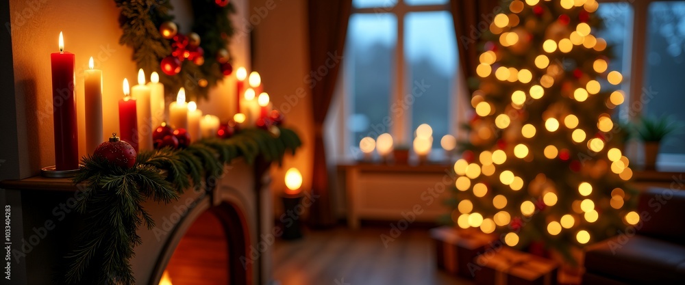 A group of lit candles with a Christmas tree in the background, creating a warm, festive atmosphere. A group of lit candles with a Christmas tree in the background, creating a warm, festive atmosphere.