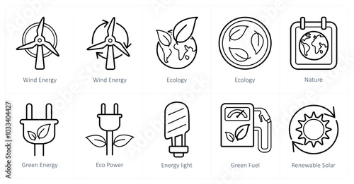 A set of 10 Ecology icons as wind energy, ecology, nature